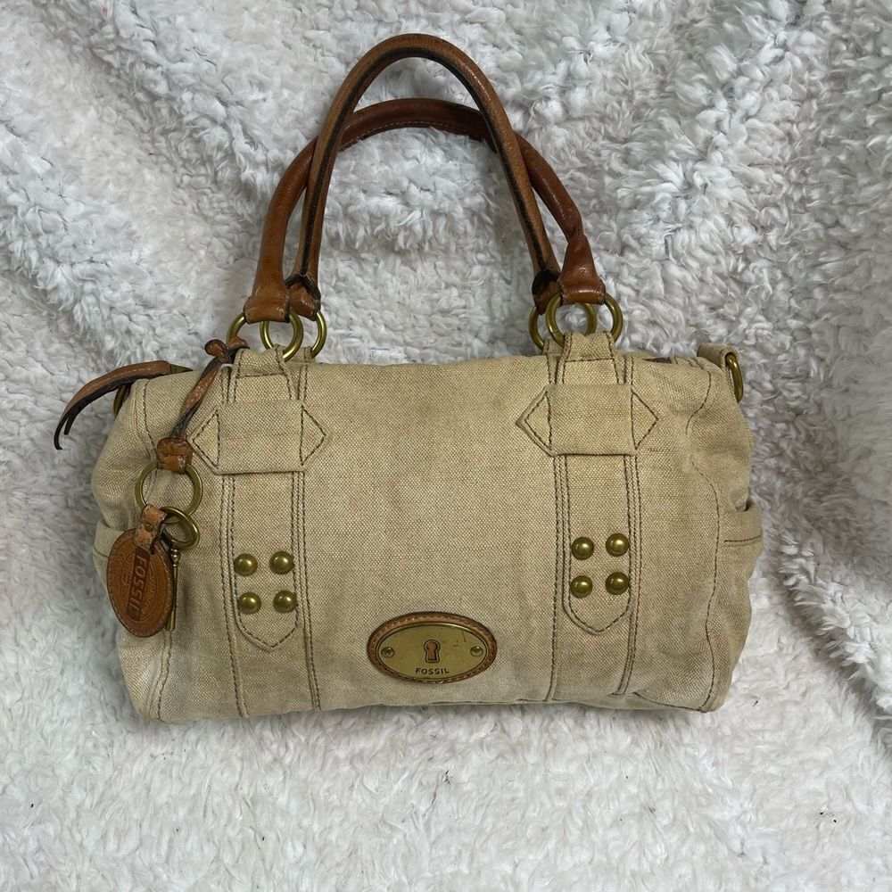 Fossil long live vintage khaki burlap Boston bag with leather tan straps .